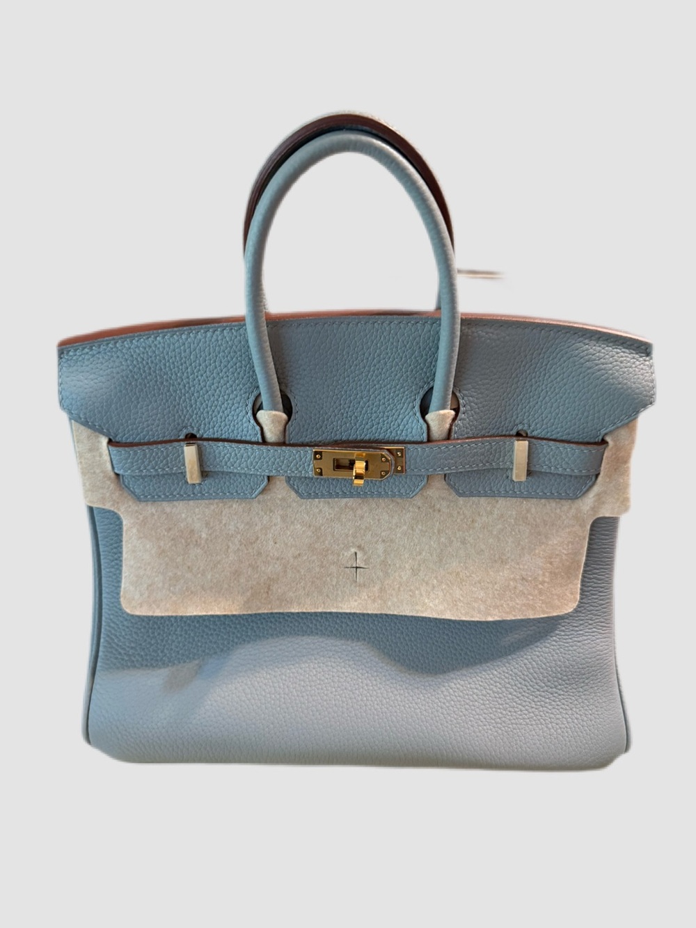 Structured Light Blue Leather Top-Handle Satchel in gold hardware